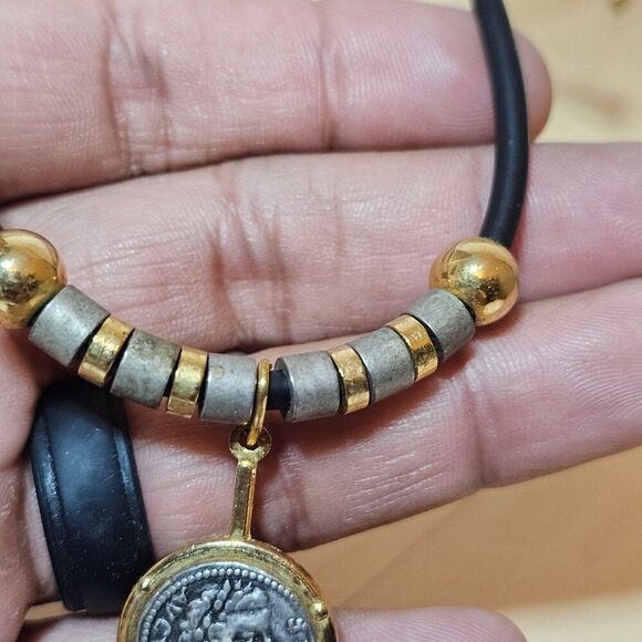 Roman Stye Coin In Bezel Pendant With Metal Beads Signed "RR" - Picture 4 of 6